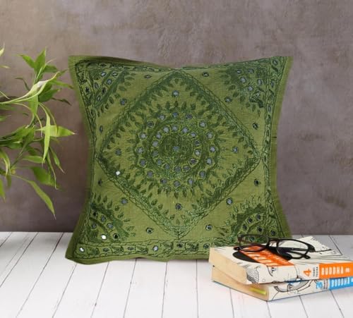 Indian Mirror Embroidered Decorative Sofa Throw Pillow Cushion Cover Boho Bohemia (Light Green, 18 x 18) - color: Light Green, size: 18" x 18" (Pack of 1)