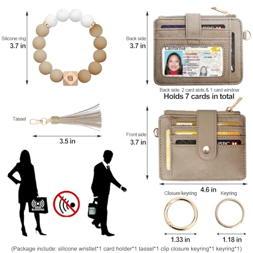 COOLANS Silicone Bracelet Wristlet Wallet Credit Card Holder RFID ID Window Key Ring Tassel Slim Wallet Women Keychain Purse - color: Brown