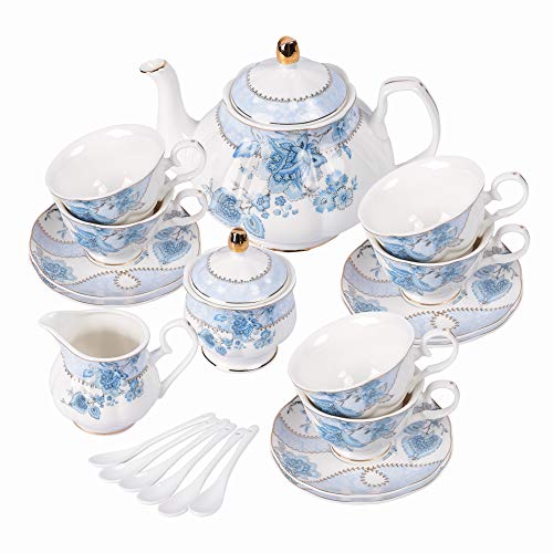 fanquare Blue Flowers Porcelain Tea Set Service for 6 - color: Blue