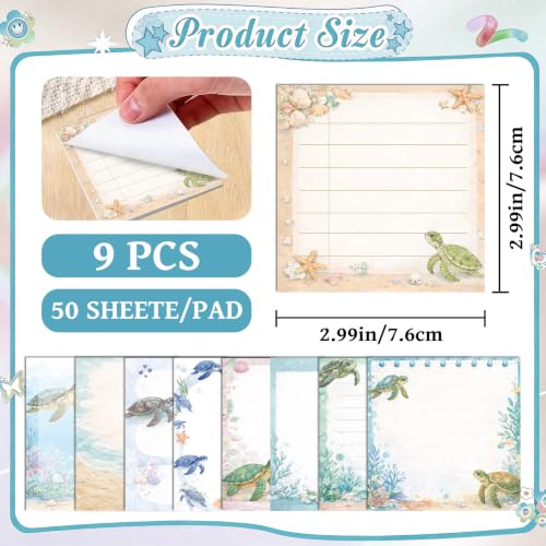 Sea Turtle Gift Sticky Notes - 9 Pcs Turtle Desk Accessories, Cute Animal Adhesive Notepads, School Office Stationery Supplies Birthday Christmas Festival for Turtle Lover 3 * 3 Inches - style: Sea Turtle