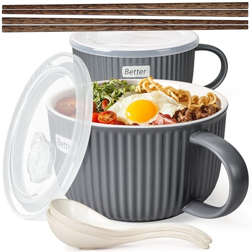 Artena 38 oz Soup Bowls with Handles, Lids, Spoons & Chopsticks – 6 Inch Large Microwave Safe Ceramic Ramen Bowls, Soup Mugs & Cereal Bowls for Instant Noodles, Oatmeal, Meal Prep (Grey-Set of 2) - color: Grey-Set of 2