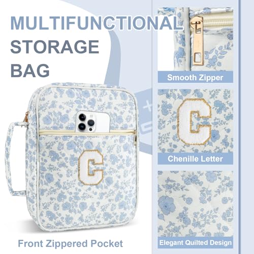 Personalized Initial Bible Cover Case for Women Girls Kid - Large Quilted Bible Case with Handle,Chenille Letter Bag Study Supplies,Christmas Gifts for Christians Birthday Graduation(Blue Flower-C) - color: Blue Flower, size: letter-C