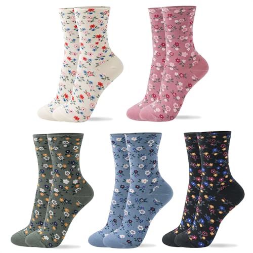 Womens Cotton Crew & Ankle Socks, Cute Floral Ruffle Colorful Tube Size 6-9 - color: Flower Print a