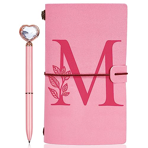 Personalized Journal Gift-Pink Initial Leather Journal+Heart Diamond Pen Set,Travel Notebook Diary Gifts,Refillable Notepads,Christmas,Birthday Gifts for Women Girls (7.9"x4.7") (M) - style: M