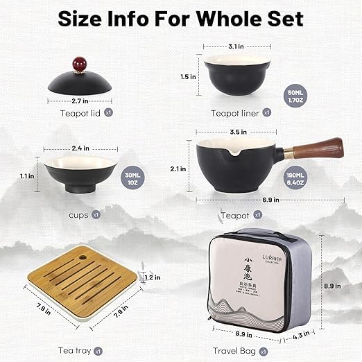 LURRIER Porcelain Chinese Gongfu Tea Set,Portable Teapot Set with 360 Rotation Tea maker and Infuser,Portable All in One Gift Bag for Travel,Home,Gifting,Outdoor and Office (Black) - color: Black