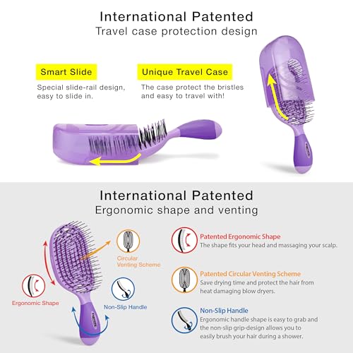 NuWay® TravelC® Scalp Care Hair Brush with Patented Travel Case – Vented Hair Brush for Scalp Massage, Blow-Dry Styling, Wet & Dry Hair, All Hair Types (Classis Purple) - color: Classic Purple