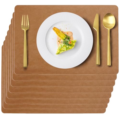 Brown Plastic Placemats Set of 8, Faux Leather Waterproof Table Mats - color: Brown
