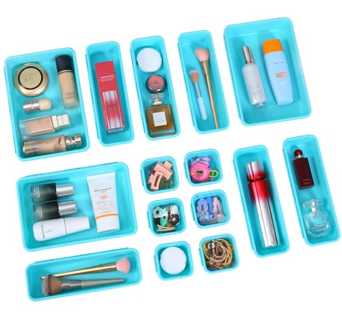 Kutesna 15PCS Interlocking Drawer Organizer, Plastic Desk Organizer Set - color: Blue&Green, size: 15 pieces