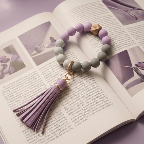 BIHRTC Key Ring Bracelet Car Keychain Holder Wristlet Silicone Women Beaded Bangle Chains - color: Eye Lavender Purple