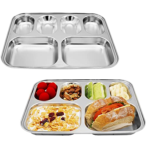 Korean Stainless Steel Divided Plates for Kids & Adults, Non-Toxic, 2-Pack - size: 6 Compartments (12x9.5Inch)