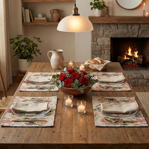 DaDalogy Set of 4-Pieces Authentic Tapestry Placemats - Spring Floral Vintage Looking Love Notes Quil Romantic British Roses - Heart Decorative Woven Dining Under Plate Table Mats - 13” x 19” - color: Love Note
