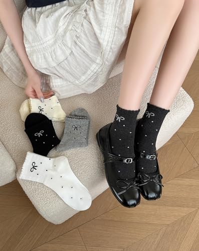 5 Pairs Ruffle Polka Dot Bow Ankle Socks for Women Grils Cute Frilly Lettuce Edge Coquette Cotton Socks Trendy Girly Aesthetic Casual Crew Sock