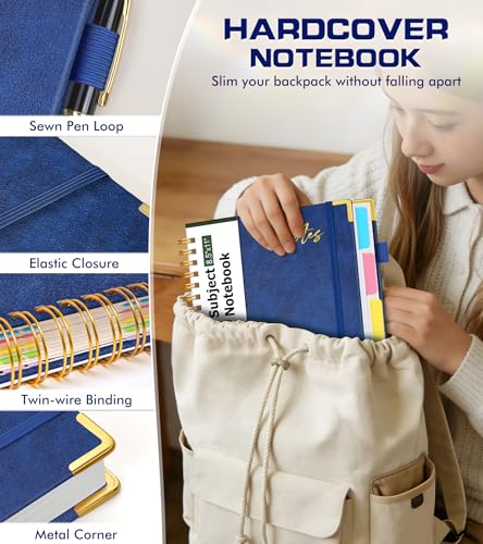 Hardcover Spiral Notebook Journal 8.5" x 11" Leather 5 Subject Notebook with Removable Dividers Tabs, 300 Pages Organizer Notebooks for Work School, College Ruled, Large Lined Journal for Women,Navy - color: Navy, size: A4