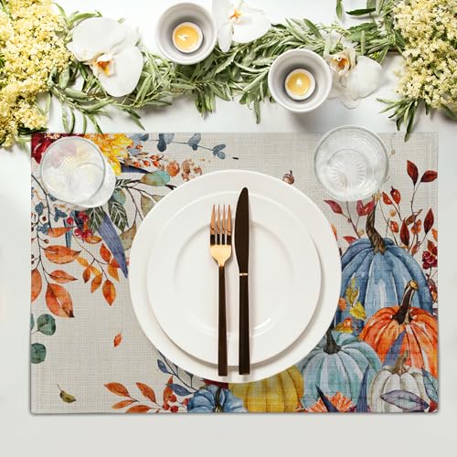 Giwawa Fall Thanksgiving Placemats Set of 4 Watercolor Autumn Pumpkins Floral Linen Table Mats 12x18 Inch Washable Heat Resistance for Kitchen Dining Farmhouse Holiday Decor - color: Fall
