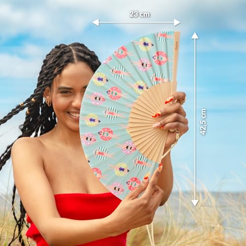 Fisura – Original “Swimmers” Folding Fan. Blue Wooden Handheld Fan for Women with Hanger. Lightweight Accessory for Weddings, Birthdays, Parties, Festivals and Unique Summer Gift Ideas. - color: Swimmers