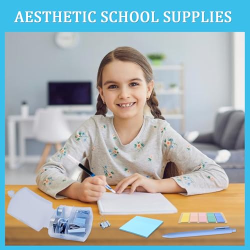 Mini Office Supply Kit, Blue Stapler with Staples and Tape Dispenser Set, Mini Stationary Kit Includes Sticky Notes Index Tabs Highlighters Gel Pens for Office & School (Blue) - color: Blue