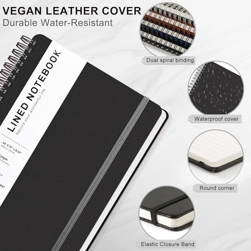 Lined Spiral Journal Notebook, A5 Hardcover Leather Notebook for Work, 5.7''×8.2'', 100GSM Thick Paper Spiral Bound Journaling Notebooks for Women & Men Office School Note Taking Business, Black - color: Black, size: A5