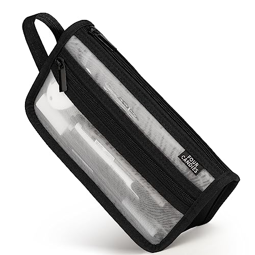Four Candies Grid Mesh Pencil Case, Clear Double-layer with Handle (Black) - color: Black