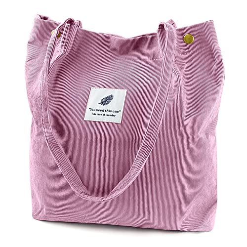 Ayieyill Corduroy Tote Bag for Women Canvas Shoulder Cord Purse with Inner Pocket - color: Pink