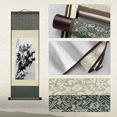 AtfArt Silk Scroll Painting, Asian Wall Art, Eight Racehorses, 36.2x12in - color: B3