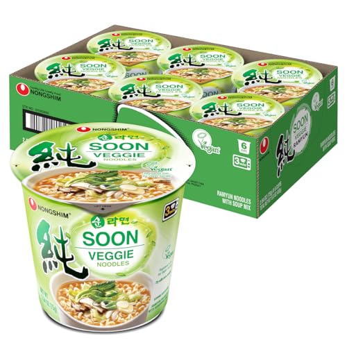 Nongshim Soon Veggie Ramyun Noodles, Signature Korean Instant Ramyun, Vegetable Flavored Broth, Vegan Noodles, Quick & Easy, Microwaveable Cup, 2.64 oz (Pack of 6) - size: 2.64 Ounce (Pack of 6)