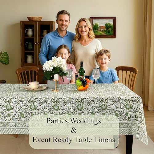 CPC Tablecloth 100% Cotton 60x60 Inch Indian Block Print Square Table Cover, Table Cloth for Weddings, Spring/Summer, Barbeque - Agate Green - color: Agate Green, size: 60" x 60" (Square)