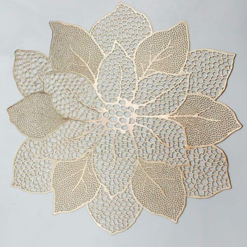 Gold Round Placemats for Dining Table Set of 6 Pressed Vinyl Metallic - color: A5/Hibiscus/Gold