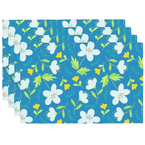 Yellow and White Flowers Placemats Set of 4 12x18 Inch - color: Light Blue, size: Set of 4