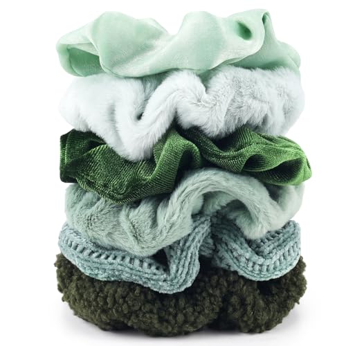 Scrunchies for Women Girls 6Pcs Green Velvet Scrunchies for Thick Hair Ultra Textured Soft Scrunchy Hair Ties Solid Elastic Hair Bands Fuzzy Ponytail Holders Cute Hair Accessories Holiday Gift - color: C-Green(A) 6PCS