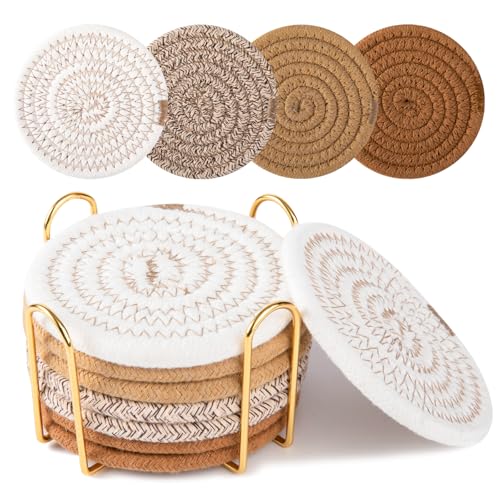 OIAHOMY 8 Pcs Coasters with Holder for Beer, Coffee, Woven Cotton Coaster Set for Table Decor for Kitchen, Bar, Dining Room, Living Room, Housewarming Gifts - Yellow - color: Yellow, size: 8Pcs