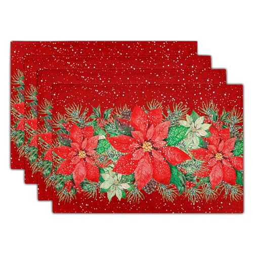 Red Poinsettias Placemats for Dining Table Set of 4, 12 x 18 Inch Red White Floral Xmas Tabletop Mats Red Rectangle Table Mat for Winter Holiday Party Kitchen Table Decor - color: Red Poinsettias