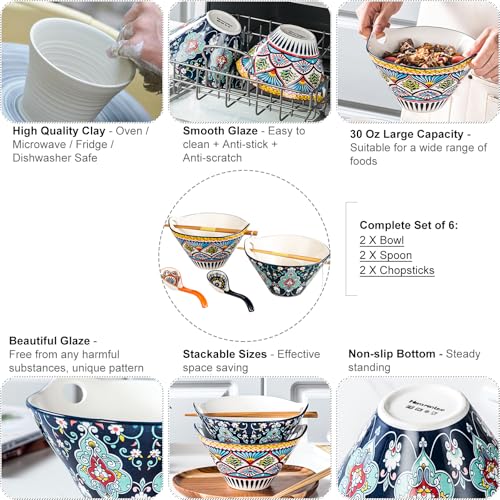 HENXFEN LEAD Boho Ramen & Pho Bowls Set of 2, 30 oz Ceramic Noodle Bowls