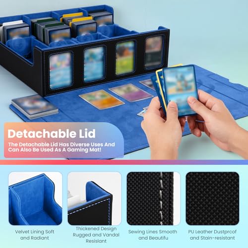 Trading Card Storage Box with Commander Display, 4-Row Deck Case with Removable Lid & Handle, 3000+ Card Organizer with 24 Colorful Dividers & 4 Stoppers for MTG, Black & Blue - color: Black & Blue, size: 3000+, with Handle