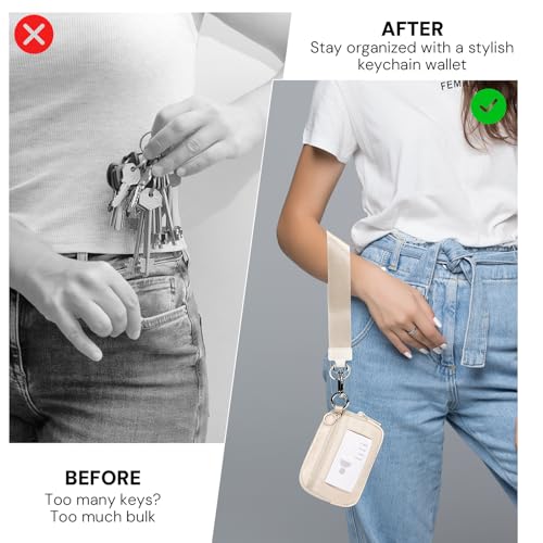 Keychain Wallet for Women with Clear ID Window, Coin Pouch and Wrist Strap - color: Light Beige