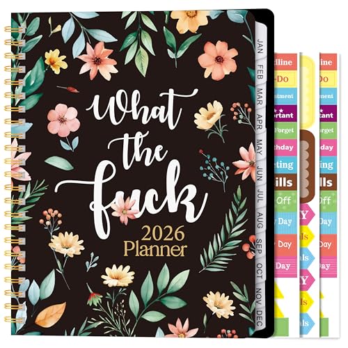 Xqumoi 2026 A4 Planner - What The Fuck Weekly and Monthly Planner Floral Writing Notebooks, Jan. 2026 - Dec. 2026, Hardcover Calendar with Tabs Stickers Back Pocket Twin-Wire Binding - color: Wildflower 2026, size: A4