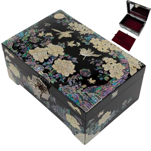 February Mountain Mother of Pearl Large Jewelry Organizer Box with Mirror – Luxury Gift for Women, Anniversary, Mother’s Day, Valentine’s Day, Christmas & Birthday Present (Black-Birds) - color: Black-Birds