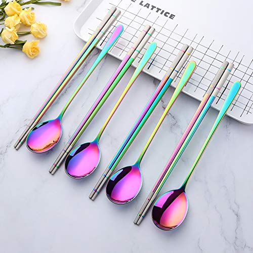 Buyer Star 4 Set Rainbow Square Chopsticks and Spoons Set Metal Stainless Steel Spoons Chopsticks Set - color: rainbow-square chopstick and spoon