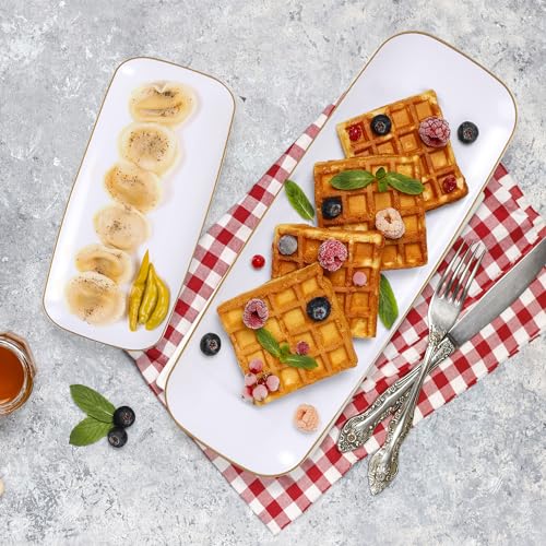 R-kay 4 Pack Gold Rim Plastic Serving Trays - 10 by 5.5 in Heavy Duty Rectangular Platters for Food and Desserts - Premium White Party Trays - color: White And Gold, size: 10 Inch