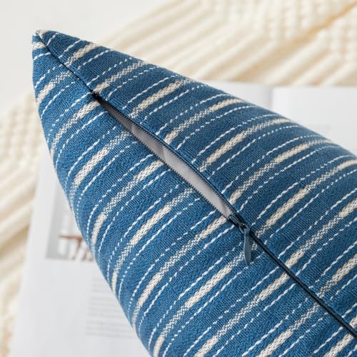Kevin Textile Pack of 2 Farmhouse Throw Pillow Covers Boho Woven Texture Linen Striped Decorative Pillow Cases for Couch Bed and Chair, Navy Blue 18 x 18 inches 45 x 45 cm - color: A-navy Blue, size: 18" x 18" (Pack of 2)
