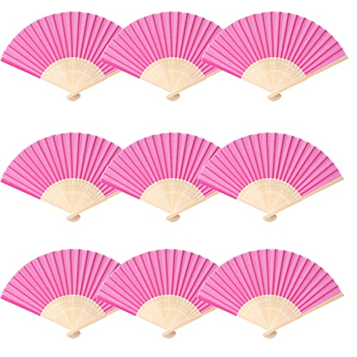 24pcs Imitated Silk Hand Fan Imitated Silk Fabric Bamboo Handheld Folded Fan Bridal Dancing Props Church Wedding Party Favors with Organza Bags (Hot Pink) - color: Hot Pink