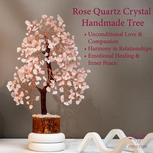 ZENFULSTONE Rose Quartz Crystal Tree of Life for Love & Healing Décor for Home and Office | Handmade Bonsai for Emotional Support & Harmony as Symbol of Piece for Loved Ones - color: Rose Quartz Copper Wire