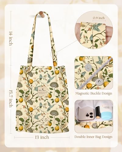 Miss Adola Corduroy Tote Bag for Women Cute Design - color: Lemon Flower Bird