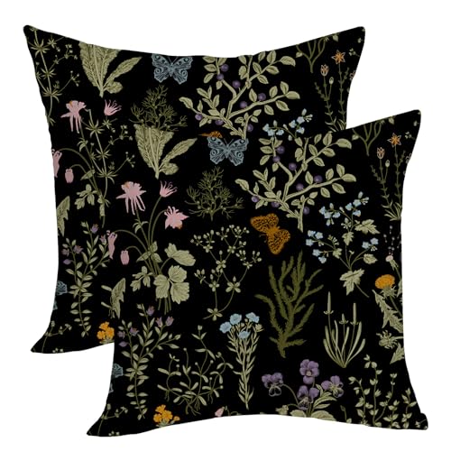 Floral Pillow Covers 18x18 Pack of 2 Black Green Botanical Wildflower Throw Pillow Covers,Spring Summer Plants Flower Decorative Pillowcase Farmhouse Cushion Case for Home Sofa,Outdoor Decor - color: Black Botanical Wildflower, size: 18" x 18" (Pack of 2)