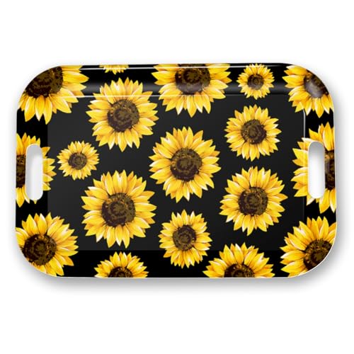 Serving Trays with Handles, 14.5 x 9.8 inch Rectangular Plastic Tray for Restaurant, Kitchen, Sunflower Black Background - color: Sunflower Black Background