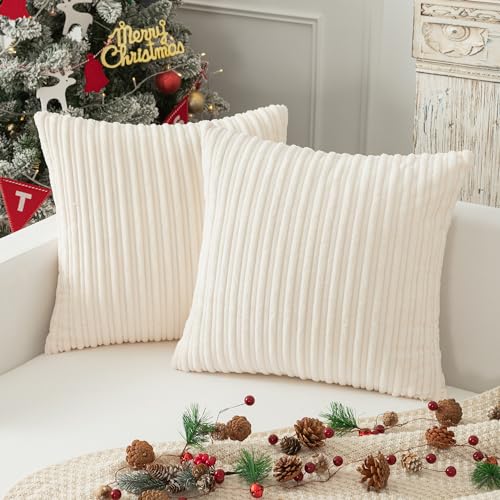 Kevin Textile Striped Corduroy 16”x16” Pillow Covers 2 Pack, Cream White - color: Creamy White, size: 16" x 16" (Pack of 2)