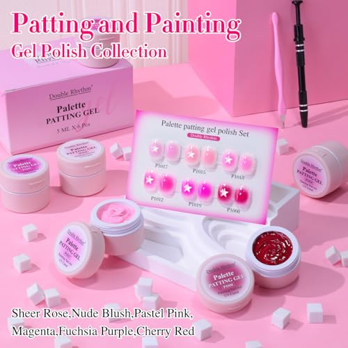 Double Rhythm Painting Gel Polish Set for Nail Art Palette Patting Gel Polish 6 Colors with 100 Pcs Sponges and Grabbing Pen (Pink Rose Purple-T6-67) - color: Pink Rose Purple