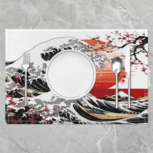 Feelyou Japanese Wave Placemats Set of 4 Cherry Blossoms Placemat for Kitchen Dining Table 18"x12" Hokusai Pattern Home Decor Table Place Mats Red Sun Japanese Style Indoor Outdoor Decor Table Mats - color: Black and Red