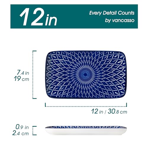 vancasso Porcelain Serving Trays for Party, Serving Platters Set of 4,Serving Dishes for Entertaining, Ceramic Party Trays and Platters for Serving Food, 12" Inch, Series SELENE - color: Vintage Blue C