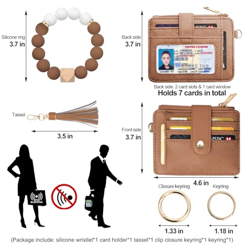 COOLANS Silicone Bracelet Wristlet Wallet Credit Card Holder RFID ID Window Key Ring Tassel Slim Wallet Women Keychain Purse - color: Dark Brown