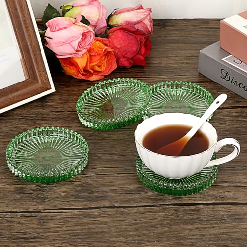 JUXYES Set of 5 Heat-Resistant Clear Glass Coaster for Hot and Cold Drinks - color: Green, size: 5 Pack